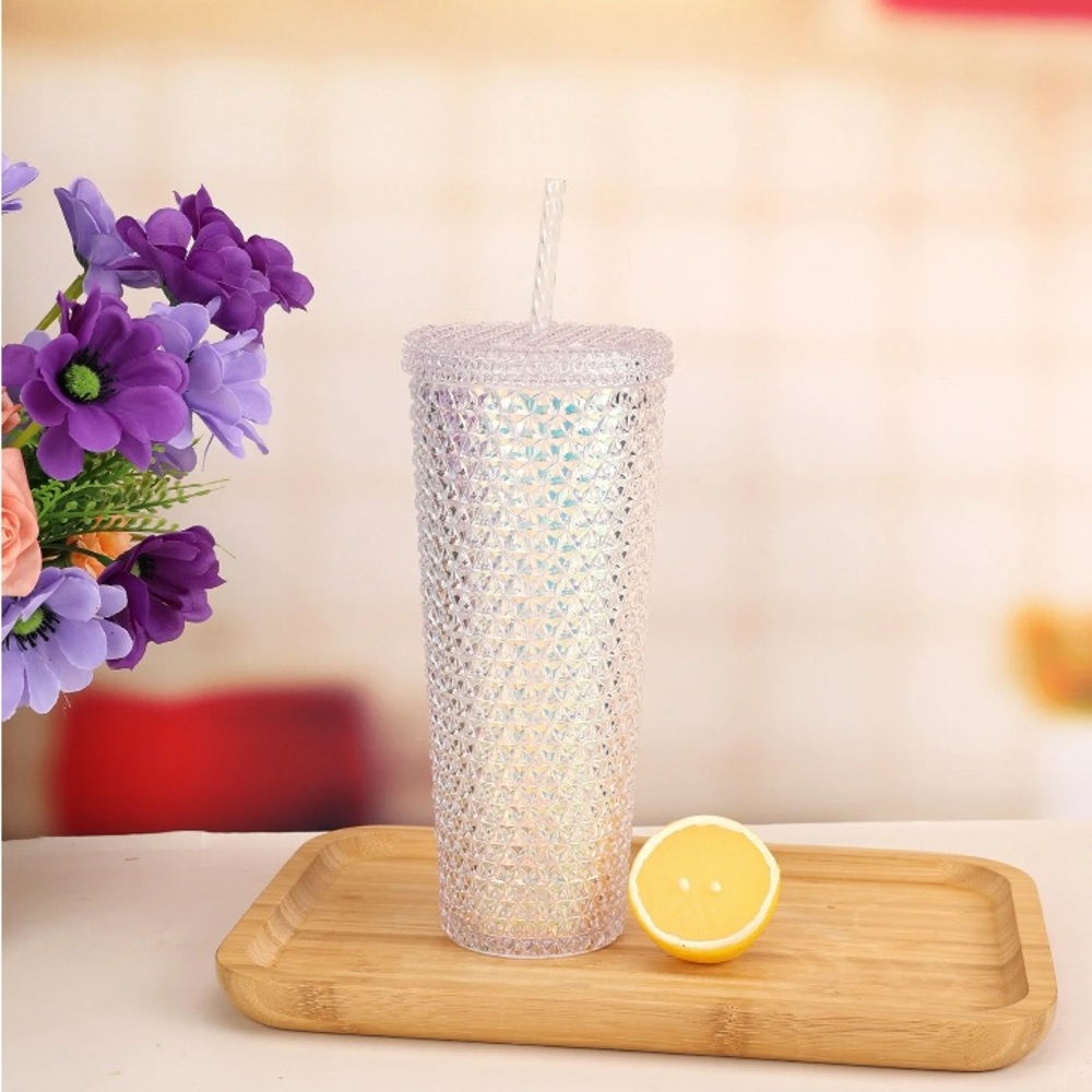Silver Textured Tumbler with Straw